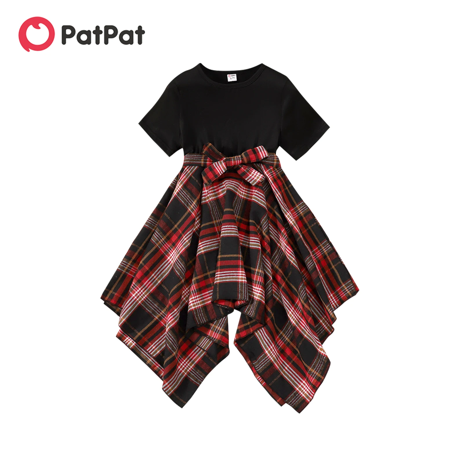 

PatPat Kid Girl Plaid Splice Irregular Hem Short-sleeve Belted Dress