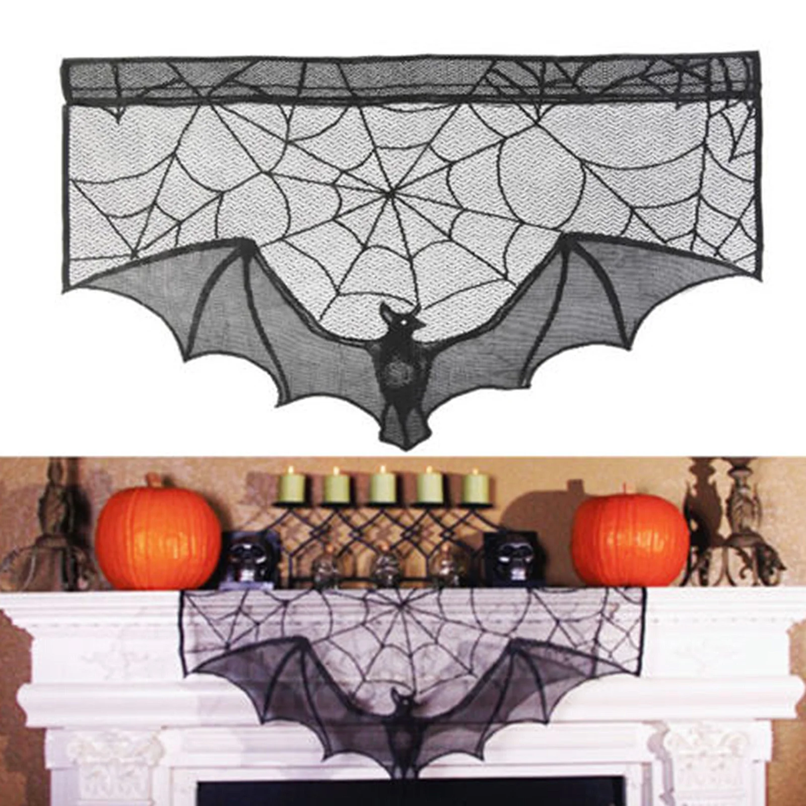 

Bats Curtains Halloween Decorative Black Lace Spider Web Holiday Stove Towel Lampshade Fireplace Cloth Decor for Spooky Festival