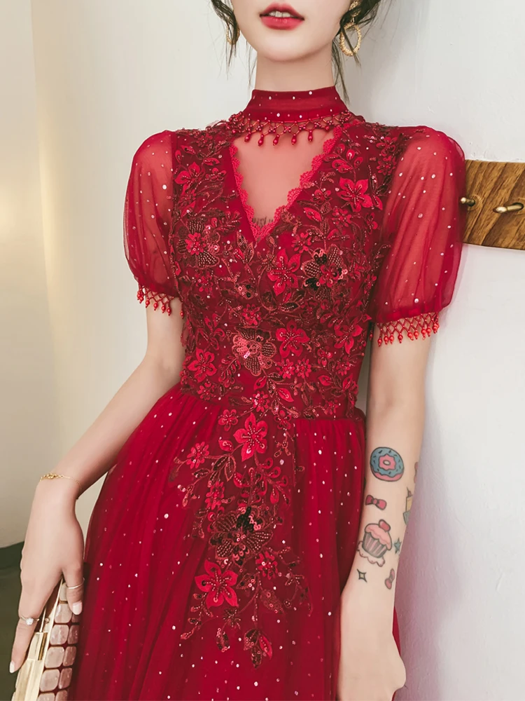 Wine Red Bridal Wedding Reception Dresses Long Elegant High Neck A-Line Floor-Length Tulle Women Formal Evening Gowns
Wine Red Bridal Wedding Reception Dresses Long Elegant High Neck A-Line Floor-Length Tulle Women Formal Evening Gowns