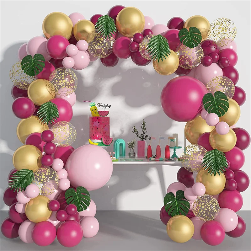 

134 шт., ярко-розовый шар, арка, комплект, тропические пальмовые листья, конфетти, латексные шарики для девочек, украшения для дня рождения, свадьбы, вечеринки, детского душа