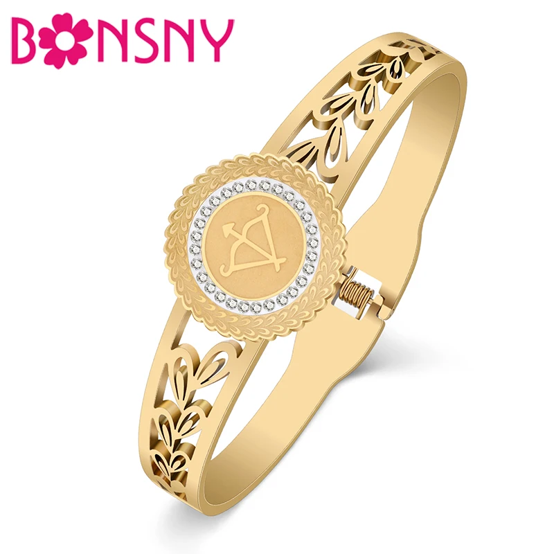 Bonsny Stainless Steel Gold-plated Constellation Sagittarius Bangles 12 Zodiac Sign Hollow Out Cuff Bracelet For Women Girl Gift
Bonsny Stainless Steel Gold-plated Constellation Sagittarius Bangles 12 Zodiac Sign Hollow Out Cuff Bracelet For Women Girl Gift