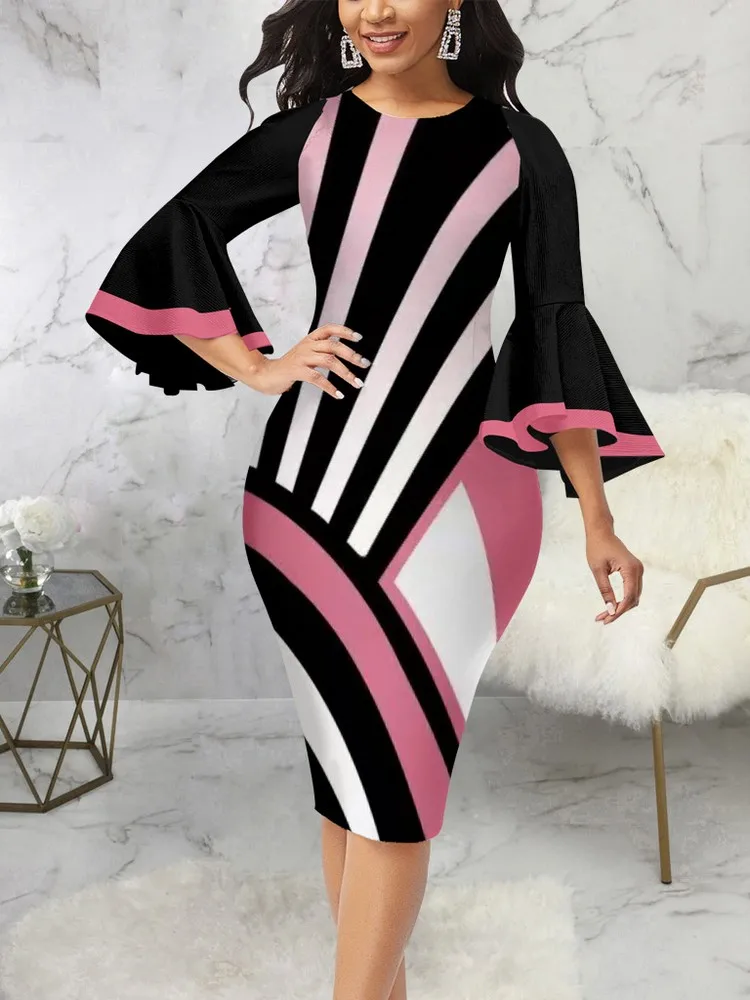 Gradient Striped Print Women's Package Hip Pencil Dress Gorgeous Round Neck Three Quarter Flare Sleeve Body-shaping Sheath Dress
Gradient Striped Print Women's Package Hip Pencil Dress Gorgeous Round Neck Three Quarter Flare Sleeve Body-shaping Sheath Dress