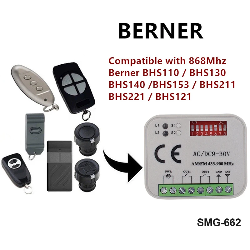 BERNER Hand Transmitter Remote Control Receiver Relay Switch 868MHz Gate Door Opener 2 Channel 9-30v AC DC 868.3MHz Controller
BERNER Hand Transmitter Remote Control Receiver Relay Switch 868MHz Gate Door Opener 2 Channel 9-30v AC DC 868.3MHz Controller