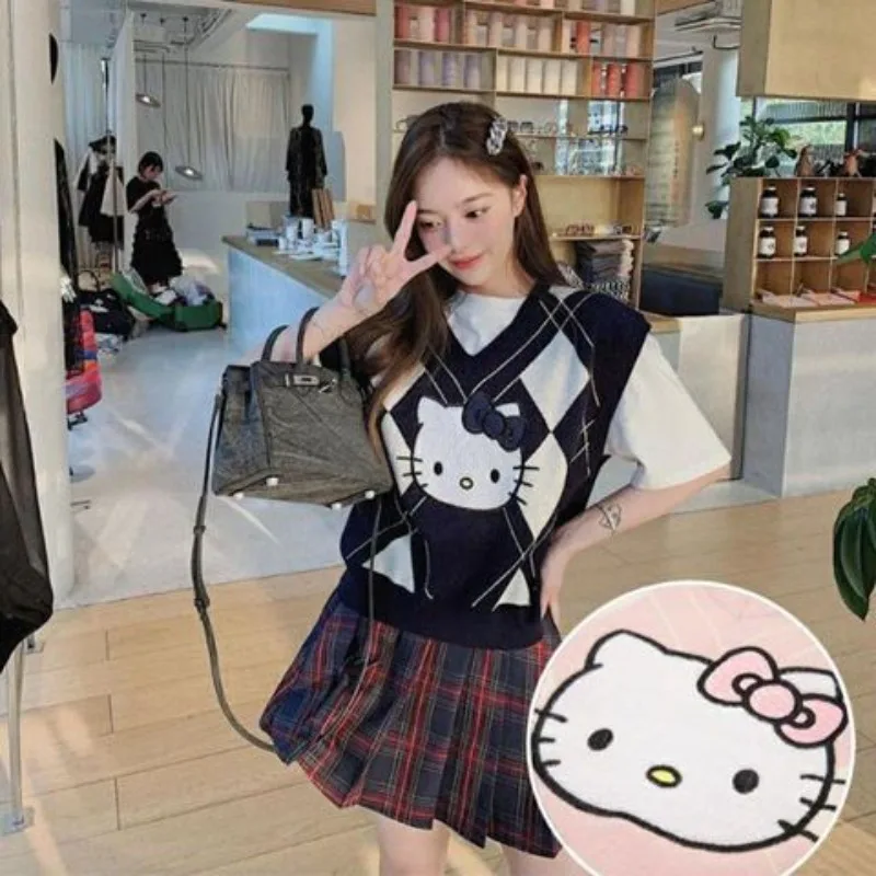 Kawaii Sanrio HelloKitty Loose Knitted Vest Female Sweet Cartoon Versatile Sweater Print Contrasting Color Vest Bottom Shirt
Kawaii Sanrio HelloKitty Loose Knitted Vest Female Sweet Cartoon Versatile Sweater Print Contrasting Color Vest Bottom Shirt