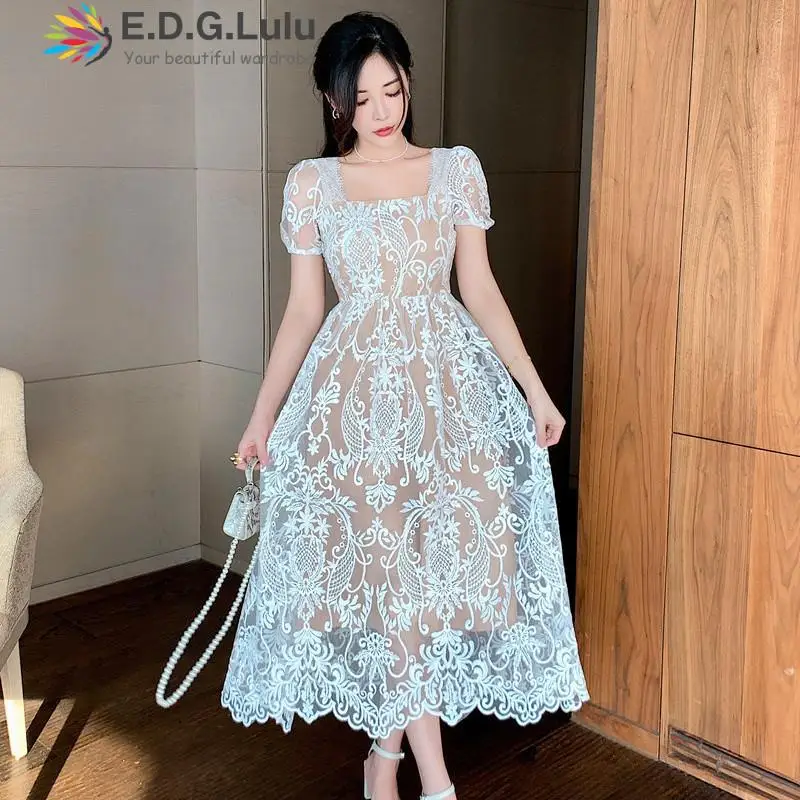 EDGLuLu 2022 Elegant Square Neck Hollow Out Lace Dress Office Lady Summer Mesh Embroidery Midi Dress Female Chic 0120
EDGLuLu 2022 Elegant Square Neck Hollow Out Lace Dress Office Lady Summer Mesh Embroidery Midi Dress Female Chic 0120