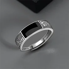 Trendy 925 Sterling Silver Ring For Men Jewelry Black Rectangle Retro Dragon Pattern Ring Male Infex Finger Accessories Open