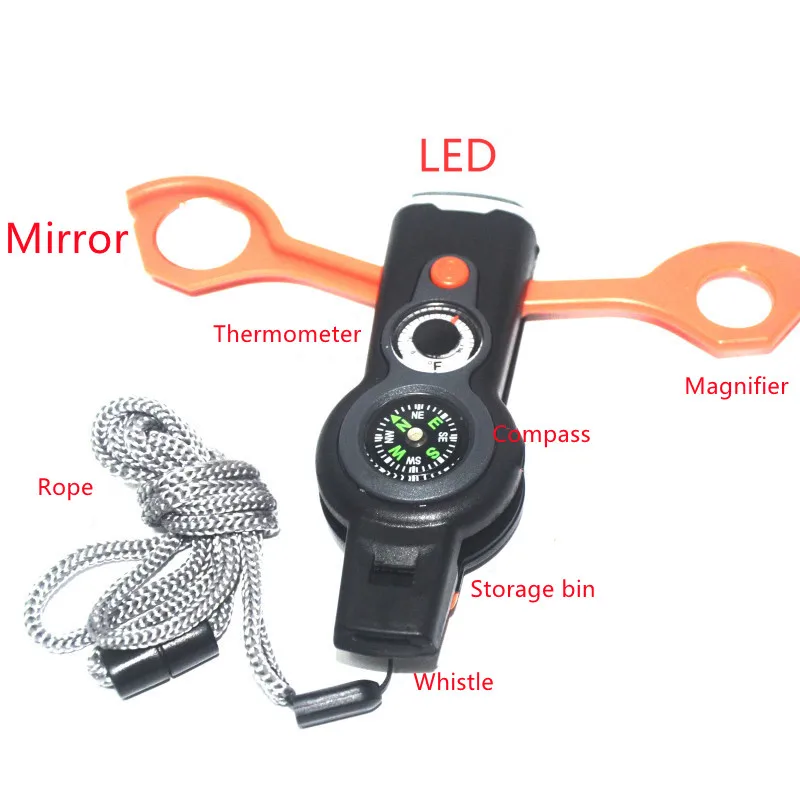 Multi Functional 7 in 1 Self Rescue Tool Necklace Whistle Compass Kindling Magnifier Survival Reflector Flash Light Thermometer
Multi Functional 7 in 1 Self Rescue Tool Necklace Whistle Compass Kindling Magnifier Survival Reflector Flash Light Thermometer