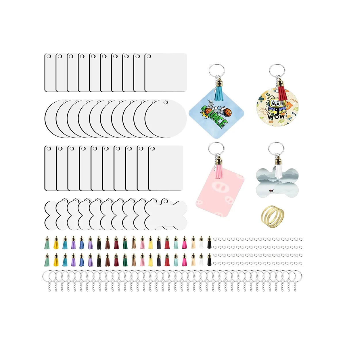 201 PCS Sublimation Blanks with 4 Shape Heat Transfer Double Side MDF Sublimation Blanks Tassels Rings Jump Rings
201 PCS Sublimation Blanks with 4 Shape Heat Transfer Double Side MDF Sublimation Blanks Tassels Rings Jump Rings