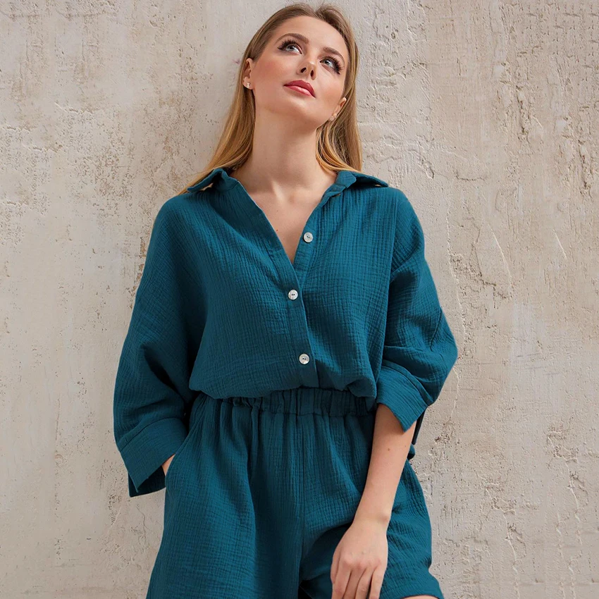 2022 Casual Turn-Down Collar Nine Quarter Sleeve Sleep Tops Shorts Female Homewear Sleepwear Cotton Pajamas For Women Sets Suit
2022 Casual Turn-Down Collar Nine Quarter Sleeve Sleep Tops Shorts Female Homewear Sleepwear Cotton Pajamas For Women Sets Suit