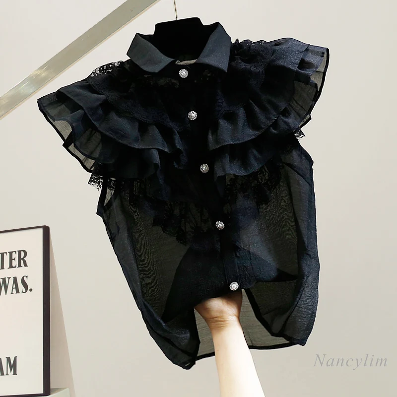 Sleeveless Blouse for Woman Summer 2022 Fashion Ruffles Stitching Lace Flying Sleeves Organza Shirt Temperament Slimming Top
Sleeveless Blouse for Woman Summer 2022 Fashion Ruffles Stitching Lace Flying Sleeves Organza Shirt Temperament Slimming Top