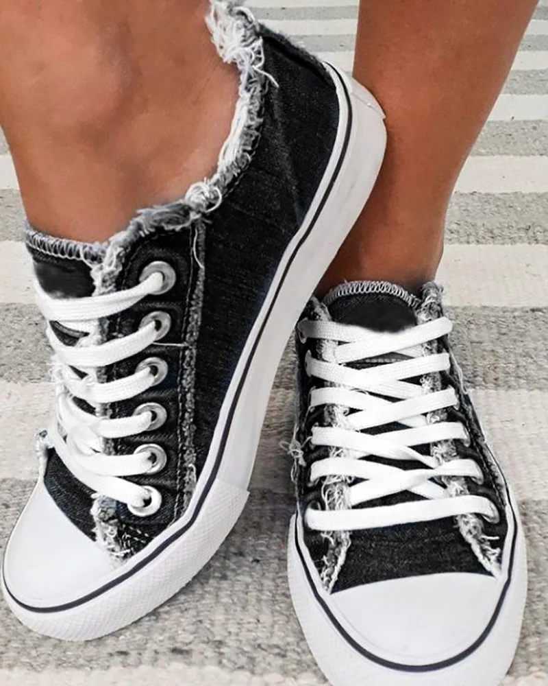 

Summer Women Shoes Fashion Casual Daily Wear Small Size Sneakers Flag Print Eyelet Lace-up Fringe Hem Canvas Shoes