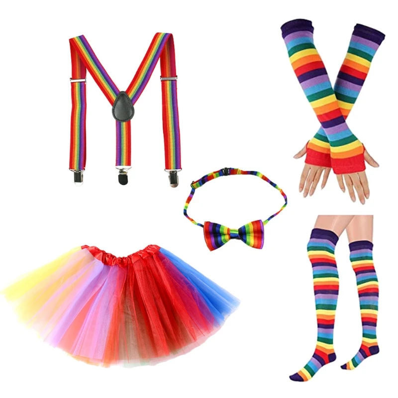 

Adult Kids Rainbow Costume Accessories Set Tulle Tutu Skirt Fingerless Gloves Long Socks Bow Tie Suspender Cosplay Party