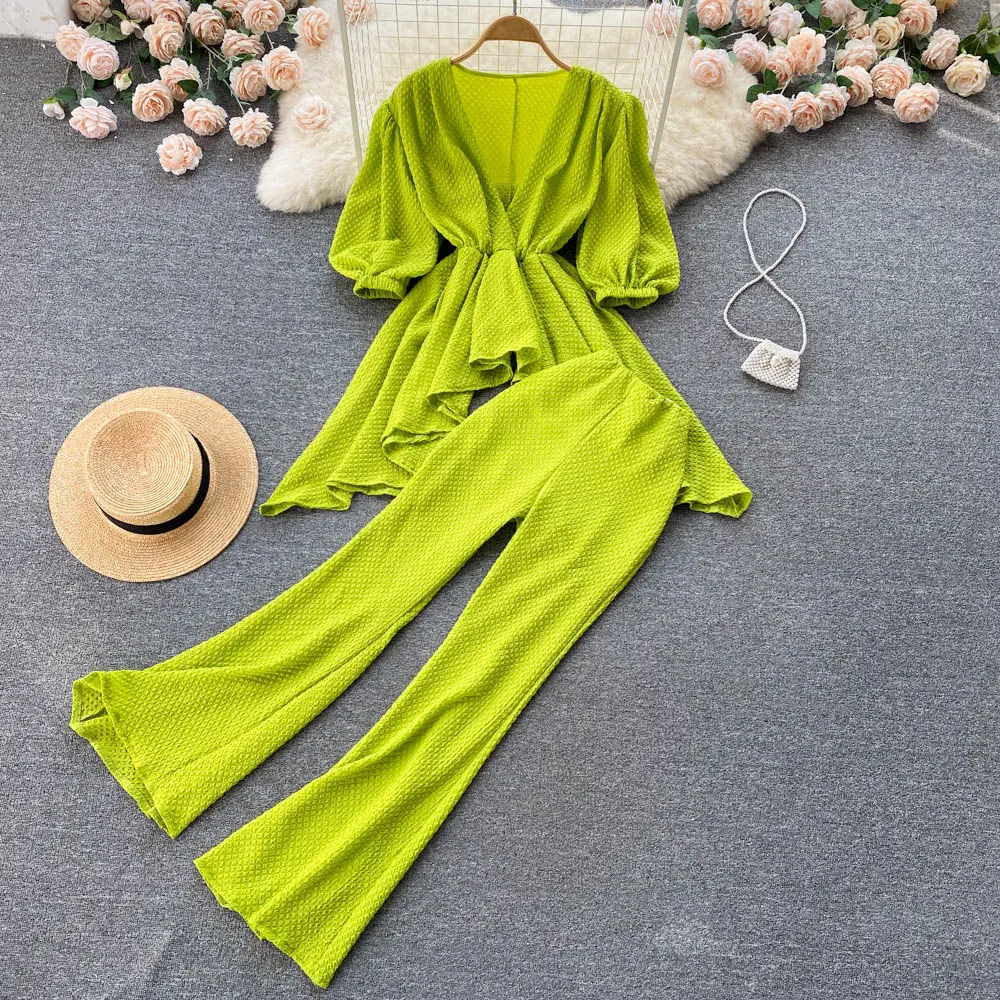 Summer Women 2 Pieces Set Purple/Green/White Elegant V-Neck Puff Short Sleeve Irregular Tops + High Waist Pants Vintage Suit New
Summer Women 2 Pieces Set Purple/Green/White Elegant V-Neck Puff Short Sleeve Irregular Tops + High Waist Pants Vintage Suit New