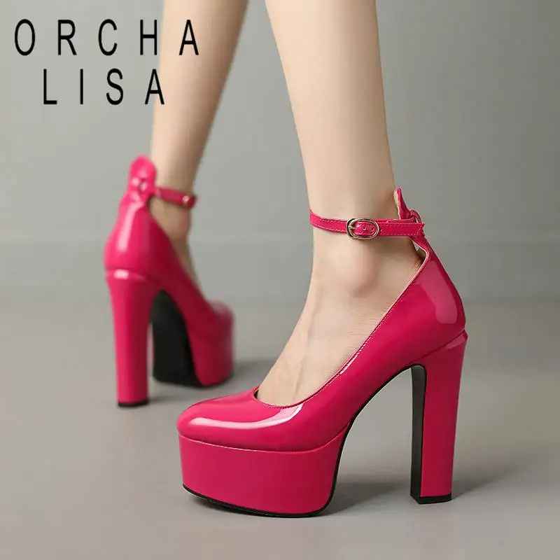 

ORCHA LISA Women Pumps Patent Leather Round Toe Block Heel 13.5cm Platform Hill 5cm Buckle Strap Sexy Wedding Shoes Plus Size 43