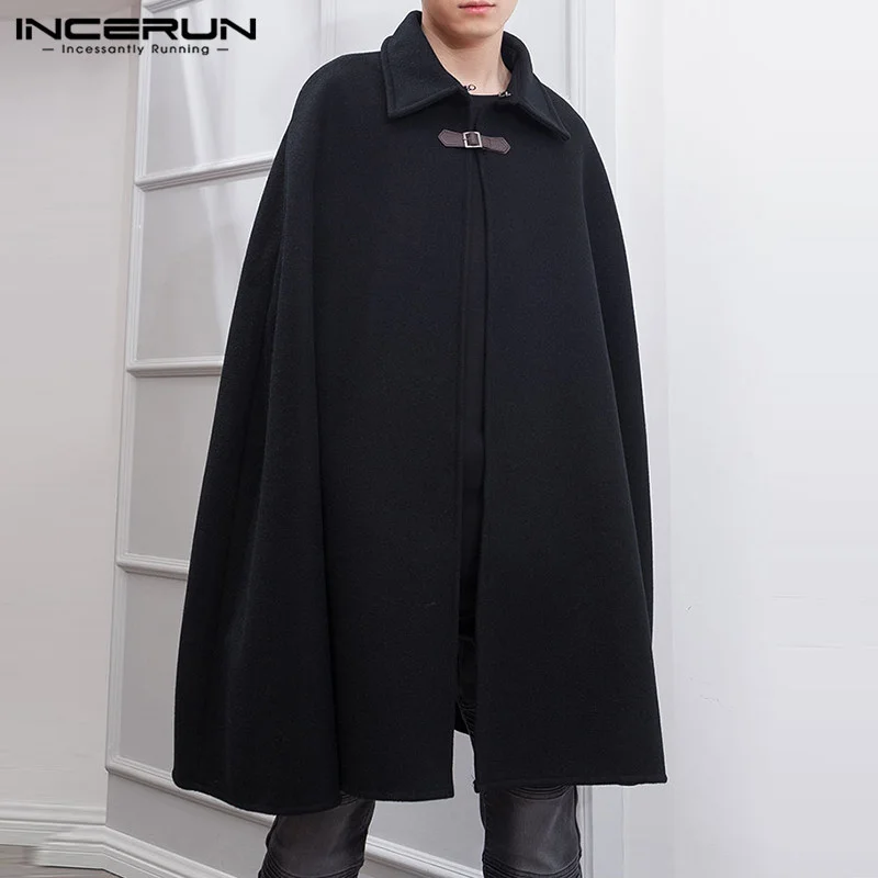 

INCERUN 2023 Fashion Men Cloak Coats Solid Color One Button Lapel Cape Trench Streetwear Winter Faux Blends Overcoat Men Jackets