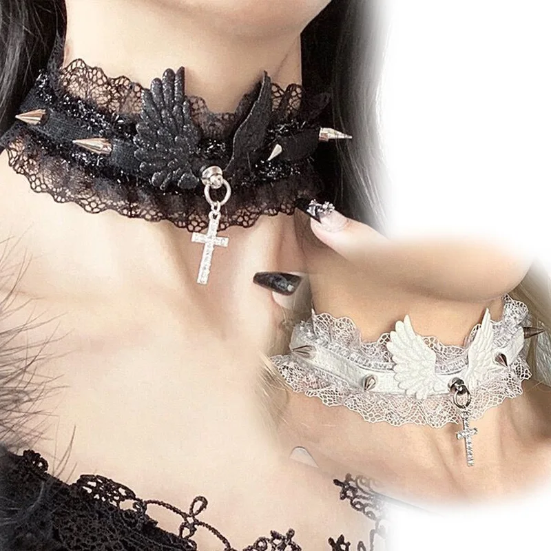 

Japanese Lolita Cyberpunk Lace Rivet Angel Wings Necklace Cross Pendant Gothic Choker Women Clavicular Chain Halloween Jewelry