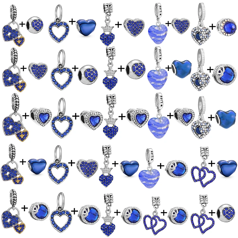 

2 шт./лот синие подвески в виде сердца с бусинами подходят для оригинальных брендовых браслетов и ожерелий для женщин ювелирные изделия пода...