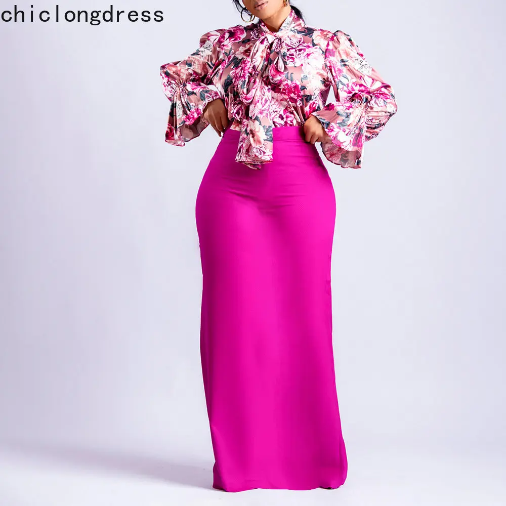 

.Spring Fashion Two Piece Set African Women Commuter Elegant OL Print Bowknot Lace-up Shirt Long Skirt Two Piece Suit Women