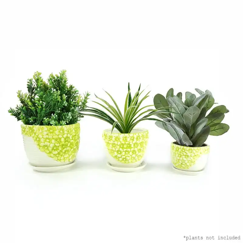 

a Lime Yellow Daisy Triple Ceramic Planter Pot 3 Set W/ Water Draining Hole and Saucer (Plants not included) Plants Planting mat