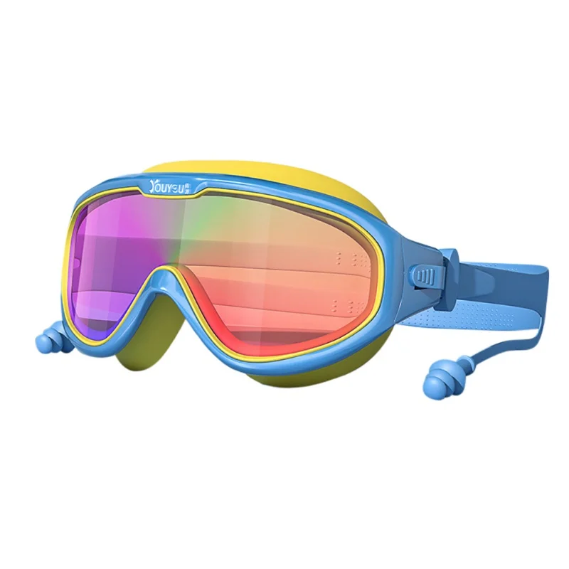 

Детские плавательные очки с затычками для ушей, Детские водонепроницаемые противотуманные плавательные очки HD с большой оправой, плавательные очки для мальчиков и девочек