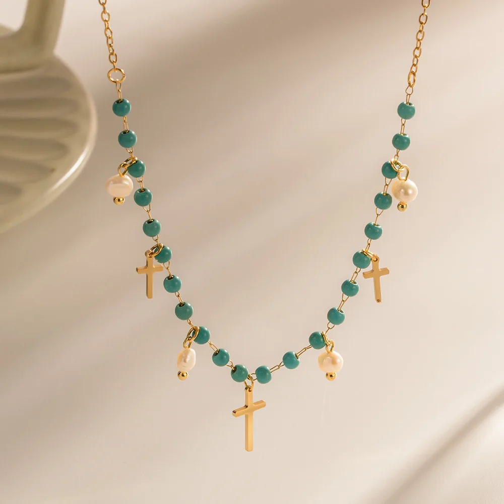 Blue Stone Rice Bead Neckchain Necklace for Women Cross Freshwater Pearl Tassel Pendant Stainless Steel Jewelry Accessories
Blue Stone Rice Bead Neckchain Necklace for Women Cross Freshwater Pearl Tassel Pendant Stainless Steel Jewelry Accessories