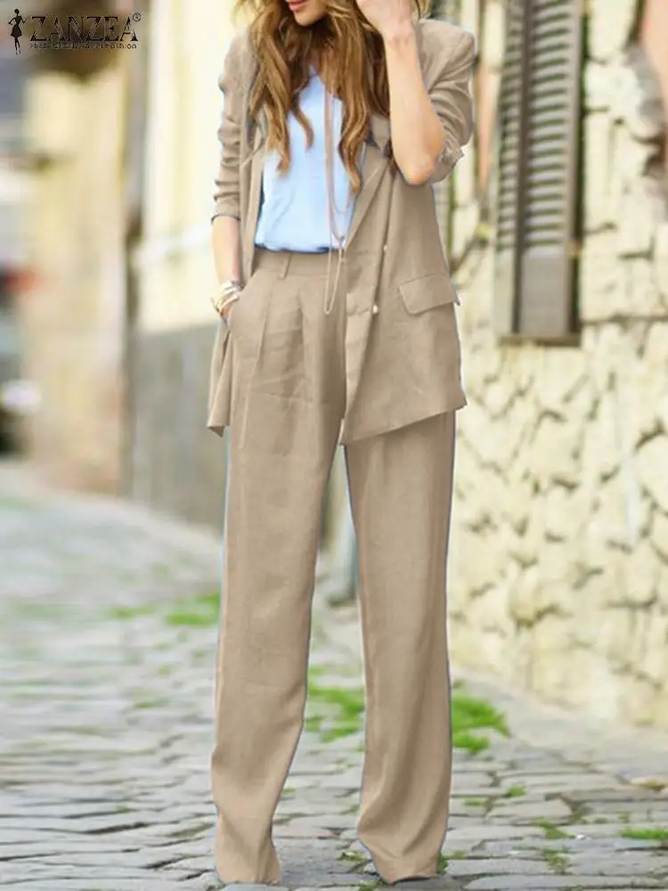 

2023 женский однотонный элегантный офисный костюм ZANZEA, модный Блейзер, подходящие комплекты, рубашка с длинным рукавом и лацканами, брюки с широкими штанинами