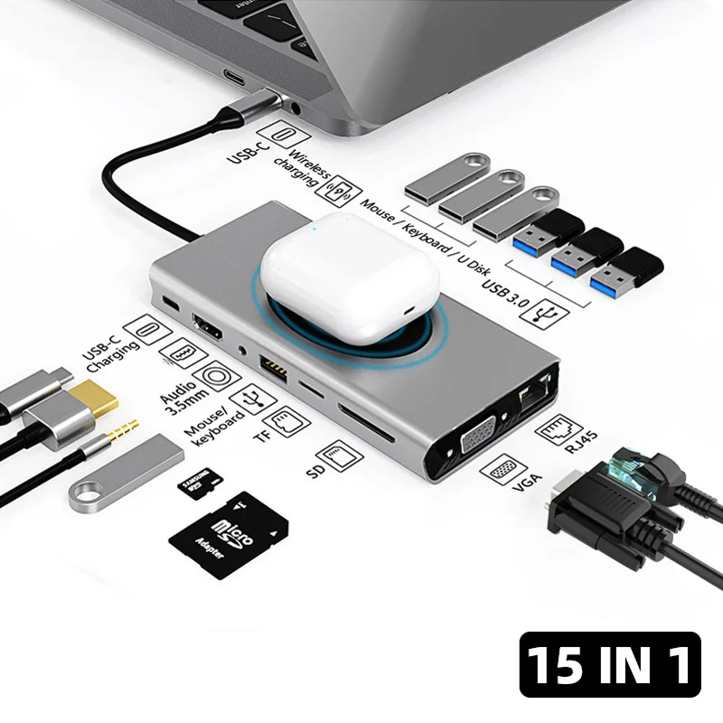 15 in 1 USB Type C HUB Wireless Charging USB 3.0 RJ45 PD To HDMI-compatible Adapter Docking Station For Macbook Pro Laptop PC
15 in 1 USB Type C HUB Wireless Charging USB 3.0 RJ45 PD To HDMI-compatible Adapter Docking Station For Macbook Pro Laptop PC