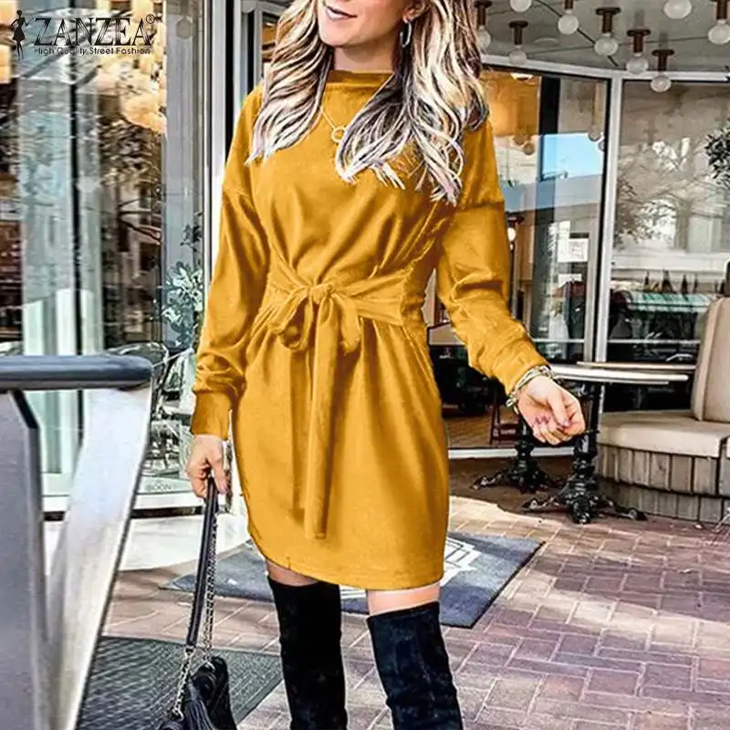 2022 Spring Long Sleeve Knee Length Vestidos Fashion Women's Velvet Party Dresses ZANZEA Casual Solid Bandage Oversized Sundress
2022 Spring Long Sleeve Knee Length Vestidos Fashion Women's Velvet Party Dresses ZANZEA Casual Solid Bandage Oversized Sundress