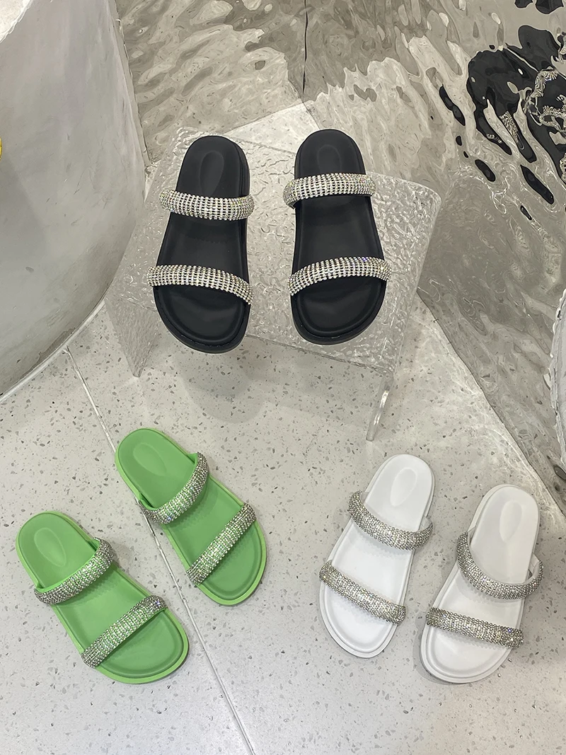Rhinestone Chain Women Slipeprs Open Toe Summer Outside Slides Mules Shoes Flat Low Heeled Black White Green 2022 New Arrivals
Rhinestone Chain Women Slipeprs Open Toe Summer Outside Slides Mules Shoes Flat Low Heeled Black White Green 2022 New Arrivals
