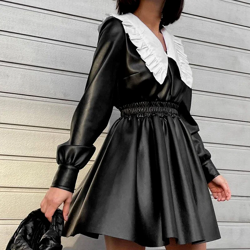W2022 Autumn and Winter New Korean Pu Leather Skirt Dress Sweet Doll Collar Waist High Waist Long Sleeve Black Punk Street Girl
W2022 Autumn and Winter New Korean Pu Leather Skirt Dress Sweet Doll Collar Waist High Waist Long Sleeve Black Punk Street Girl