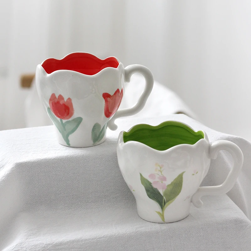 

Beautiful Handmade Irregular Tulip Bell Orchid Ceramic Mugs Creative Hand Painted Porcelain Coffee Cup Breakfast Milk Tea Mug