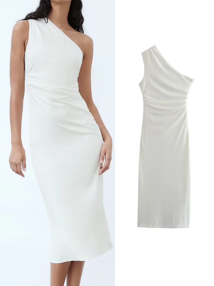 

TRAF 2023 Summer Women Solid Sheath Mid-Calf Dresses Elegant AsymmetricaL One Shoulder Sleeveless Folds Sexy Party Dresses