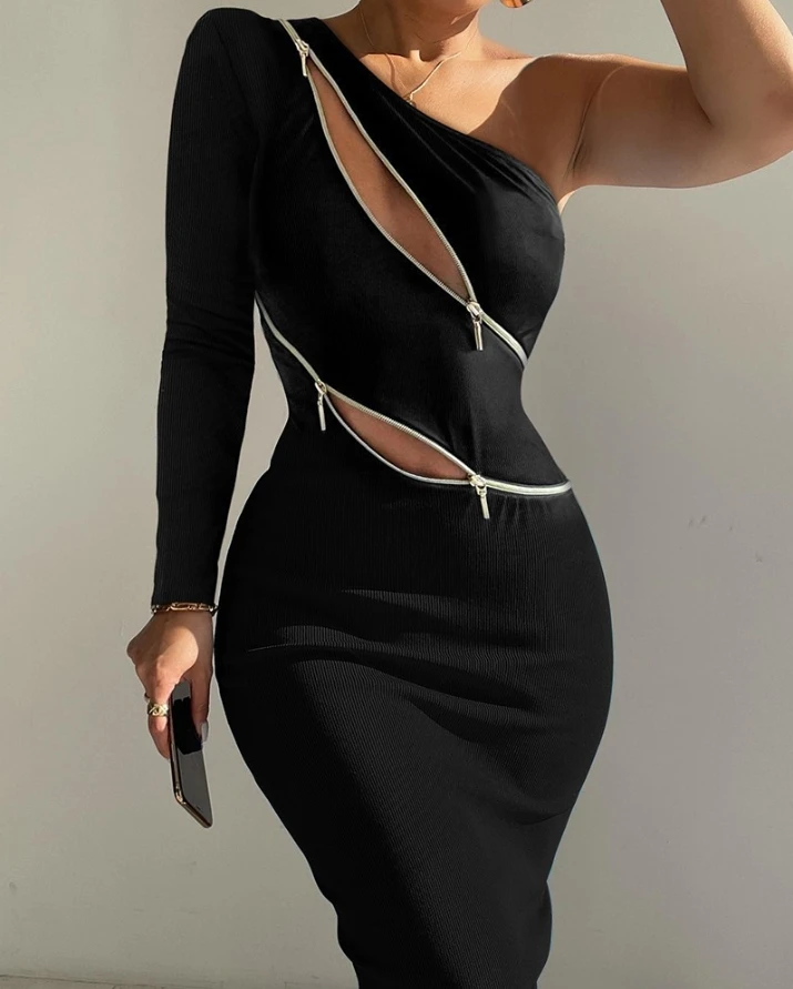 Women Long Sleeve Zip Detail One Shoulder Ribbed Bodycon Party Dress Spring Summer Women Fashion Skinny Midi Dress
Women Long Sleeve Zip Detail One Shoulder Ribbed Bodycon Party Dress Spring Summer Women Fashion Skinny Midi Dress