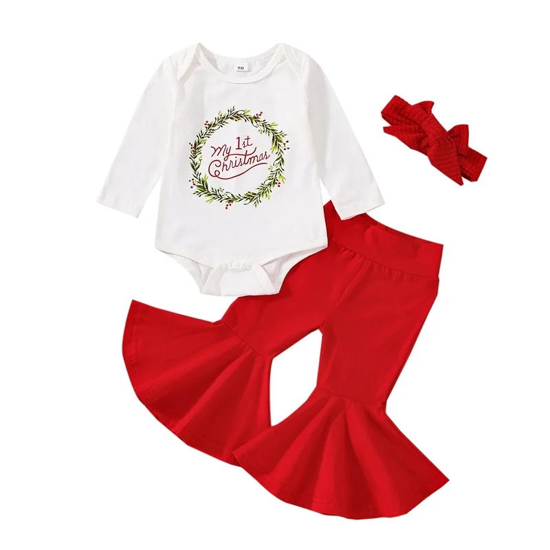 

Комплект одежды Lioraitiin для новорожденных 0-18 мес., 3 предмета, 2022-08-26, Рождественская одежда для маленьких девочек, комбинезон с длинным рукавом и принтом венка, расклешенные брюки, комплект с повязкой на голову