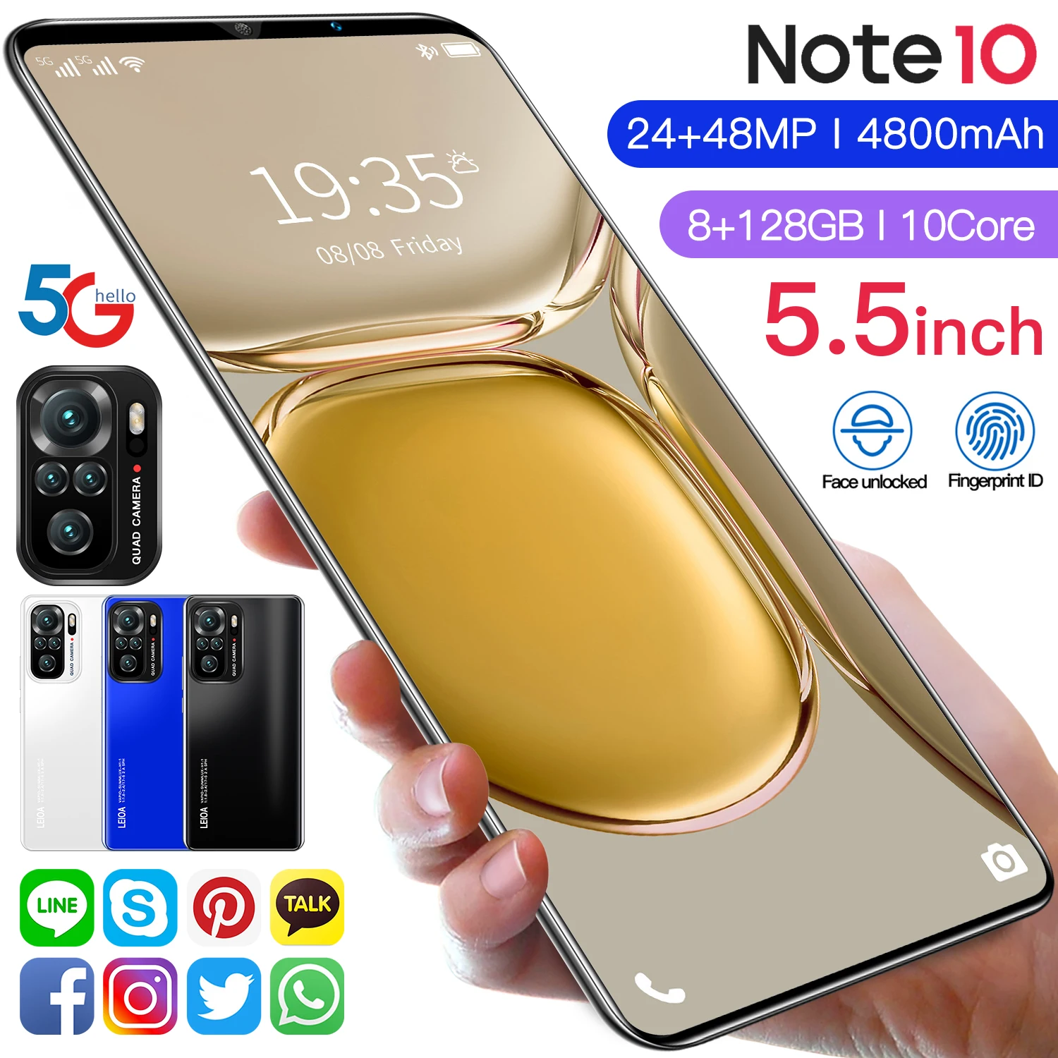 Смартфоны Note10, 5,5 дюйма, 64 ГБ/128 ГБ, 4800 мАч, 24 + 48 Мп, две SIM-карты + Micro SD, 10 ядер, 24 + 48 Мп, MTK6595, сотовые телефоны со сканером отпечатков пальцев и лиц...
Смартфоны Note10, 5,5 дюйма, 64 ГБ/128 ГБ, 4800 мАч, 24 + 48 Мп, две SIM-карты + Micro SD, 10 ядер, 24 + 48 Мп, MTK6595, сотовые телефоны со сканером отпечатков пальцев и лиц...