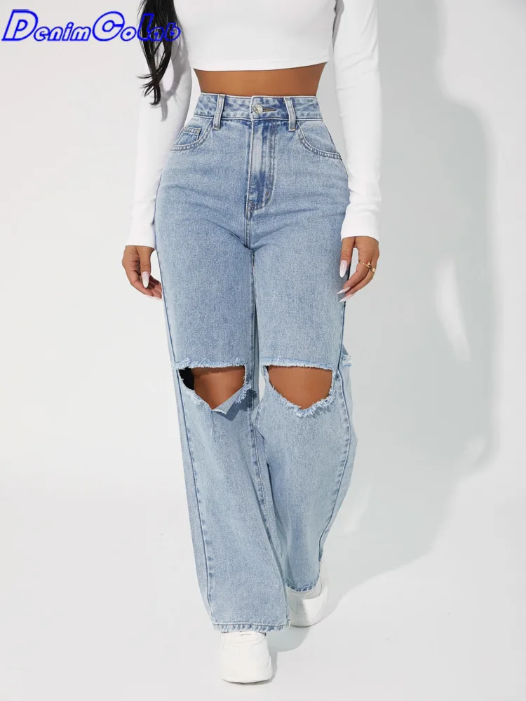Прямые брюки Denimcolab с завышенной талией модные джинсы до колена дырками женские