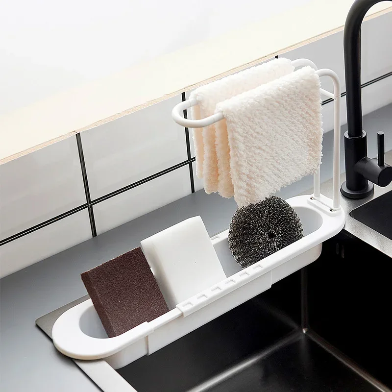 

Telescopic Sink Shelf Drainer Rack Kitchen Organizer Soap Sponge Holder Towel Rack Storage Organizer Basket Gadgets Accessories