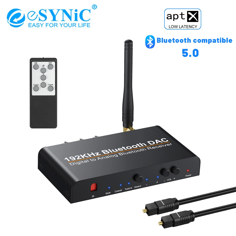eSYNiC 192k Bluetooth compatible DAC Converter Digital Coaxial Toslink Optical to Analog Stereo L/R RCA 3.5mm Audio Support AAC
eSYNiC 192k Bluetooth compatible DAC Converter Digital Coaxial Toslink Optical to Analog Stereo L/R RCA 3.5mm Audio Support AAC