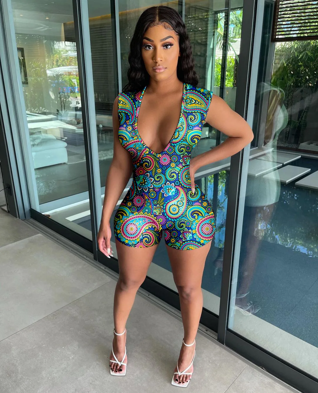 Sexy Women Bodysuit V Neck Sleeveless Vintage Print Bodycon Jumpsuit Spaghetti Strap Slim Fit Short Romper One Piece Playsuits
Sexy Women Bodysuit V Neck Sleeveless Vintage Print Bodycon Jumpsuit Spaghetti Strap Slim Fit Short Romper One Piece Playsuits