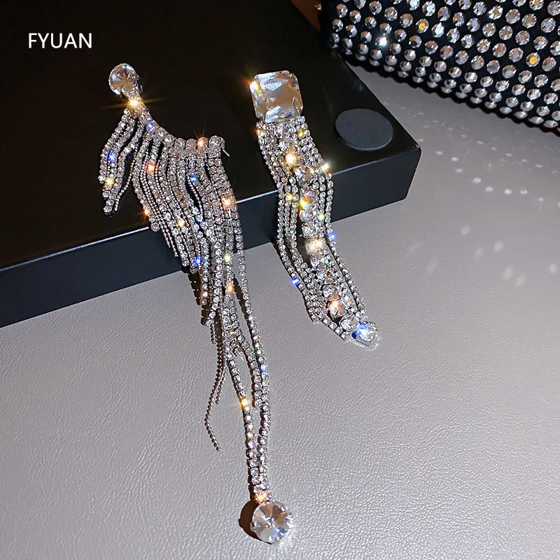 

FYUAN Shine Full Rhinestone Asymmetry Drop Earrings for Women Long Tassel Crystal Earrings Weddings Party Jewelry