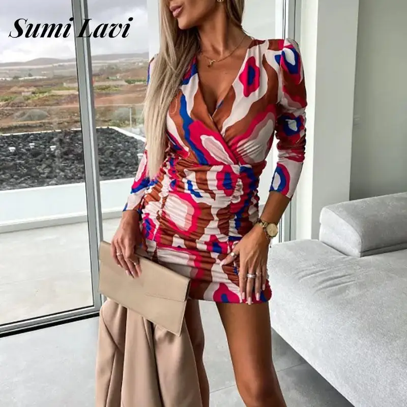 Sexy Deep V Neck Long Sleeve Mini Dress Fashion Pattern Print Waisted Pleated Dress Elegant Ladies Bodycon Party Dress Vestidos
Sexy Deep V Neck Long Sleeve Mini Dress Fashion Pattern Print Waisted Pleated Dress Elegant Ladies Bodycon Party Dress Vestidos
