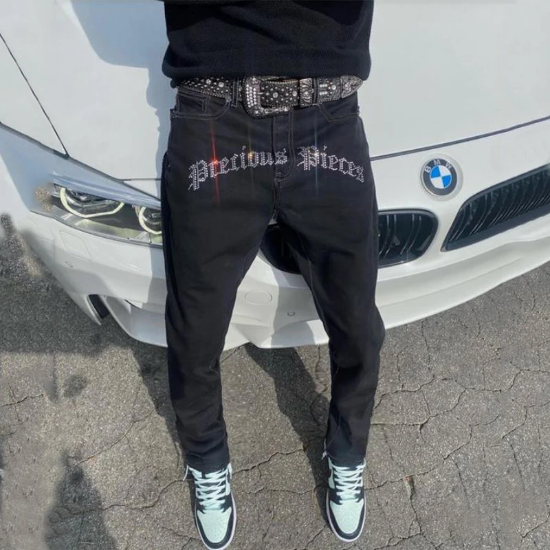 Mans Stretchy Black Jeans Skinny Slim Fit Hot Drill Punk Streetwear Biker Trousers Man Rhinestone Hole Letter Denim Pencil Pants
Mans Stretchy Black Jeans Skinny Slim Fit Hot Drill Punk Streetwear Biker Trousers Man Rhinestone Hole Letter Denim Pencil Pants