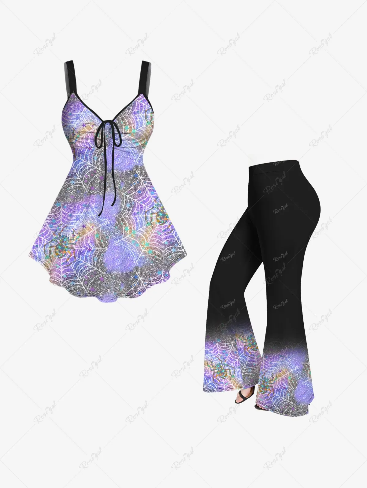 

Plus Size Printed Cinched Halloween Tank Top Or Flare Pants Spider Web Sparkling Glitter Ombre Casual Matching Set For Women