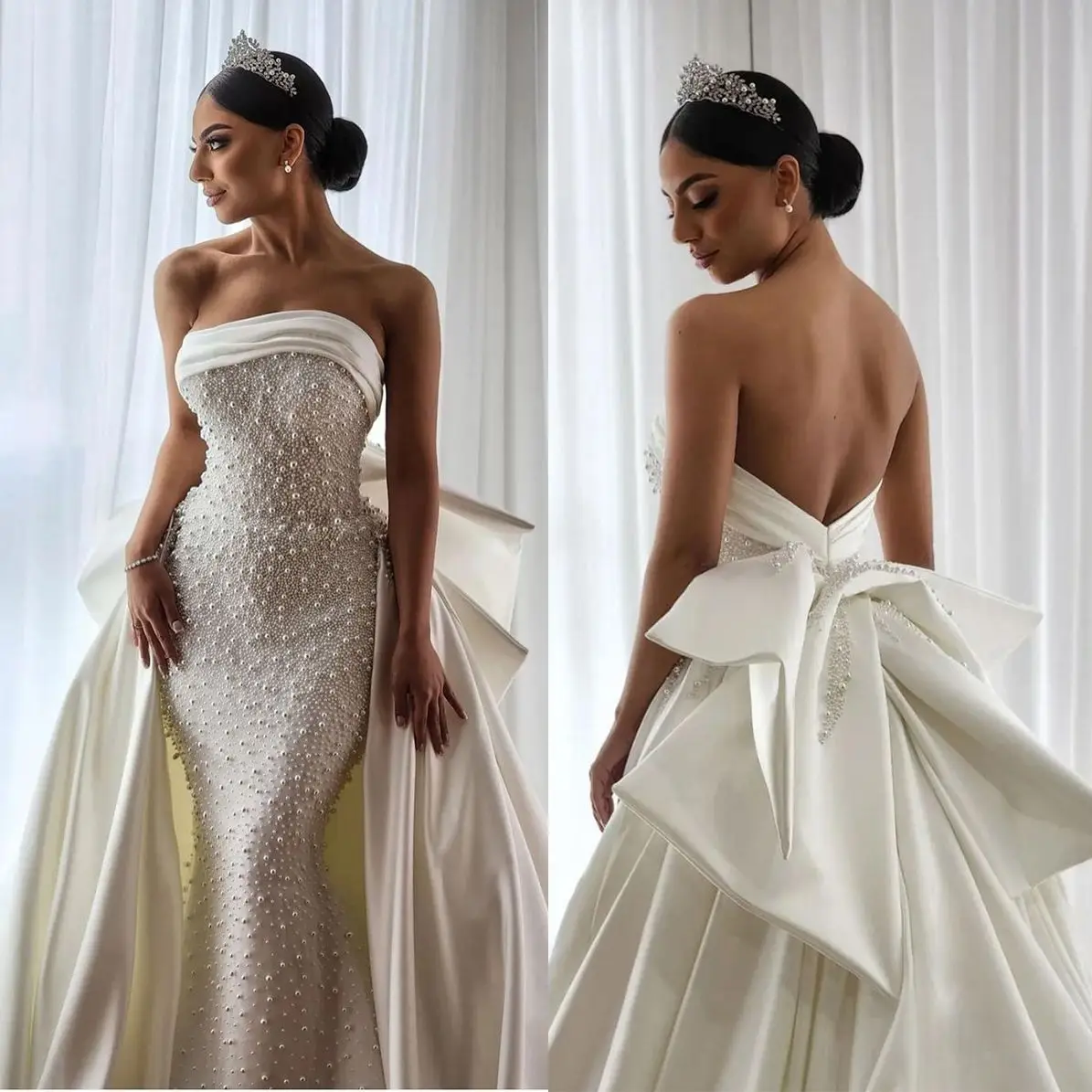 Modern Strapless Heavy Handwork Pearls Wedding Dress with Detachable Train Robe De Mariée Satin Backless Bridal Gowns with Bow
Modern Strapless Heavy Handwork Pearls Wedding Dress with Detachable Train Robe De Mariée Satin Backless Bridal Gowns with Bow