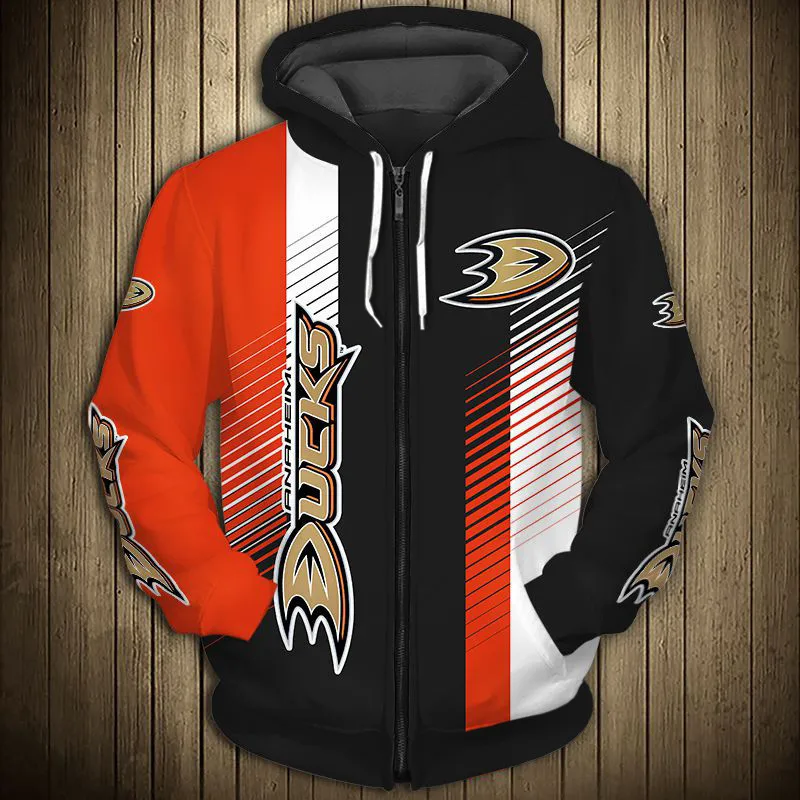 

Anaheim men's Casual 3D Zipper Hoodie Black And Red Stripes Stitching Abstract Geometric Pattern Printing Ducks Sweatshirt