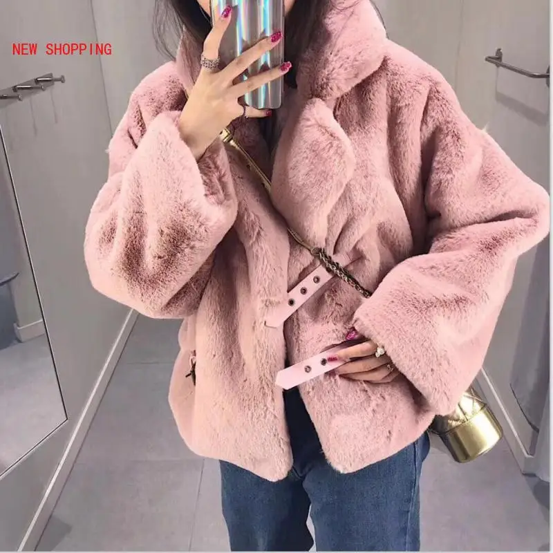 

Luxurious Faux Fur Coat for Women Fashion Fluffy Rabbit Fur Jackets Overcoat Thick Warm Tops Female Artificial Sheepskin Coats