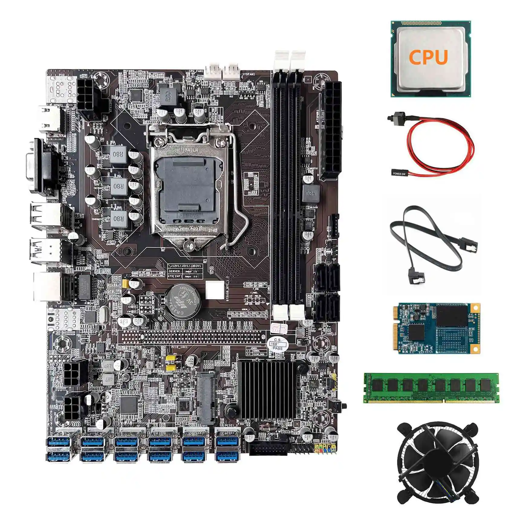 B75 ETH Mining Motherboard 12XPCIE to USB+Random CPU+DDR3 4GB RAM+64G SSD+Fan+SATA Cable+Switch Cable Motherboard
B75 ETH Mining Motherboard 12XPCIE to USB+Random CPU+DDR3 4GB RAM+64G SSD+Fan+SATA Cable+Switch Cable Motherboard