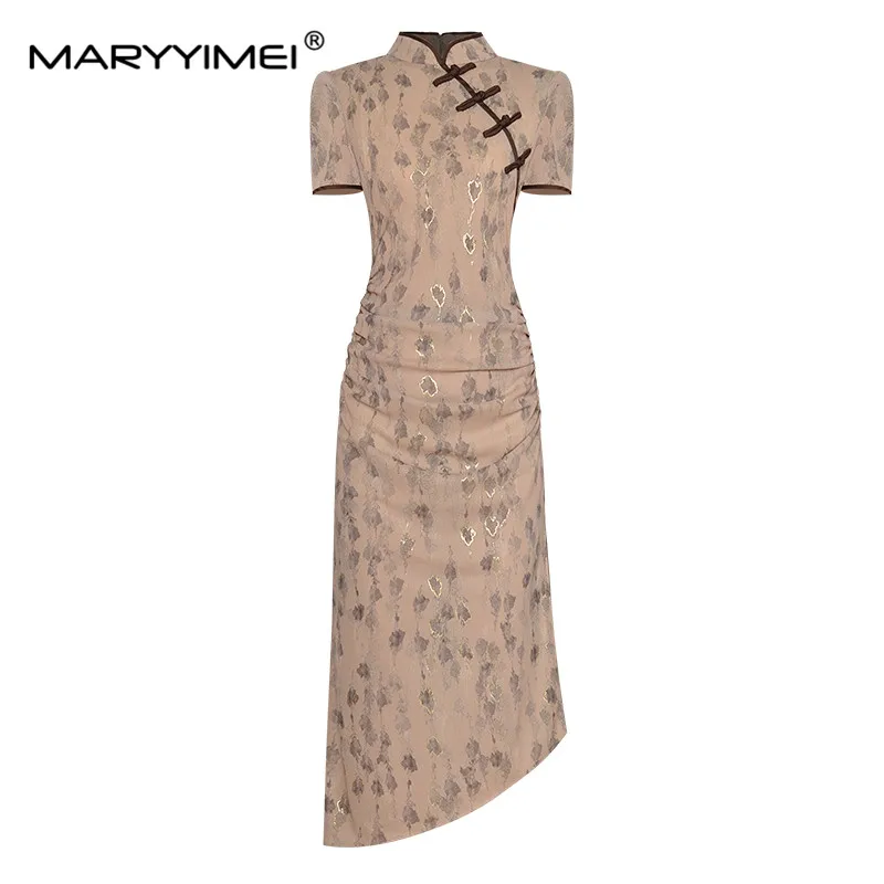 MARYYIMEI Women's Summer dress Stand collar Short sleeve Ruched Package hip Bright silk Print Asymmetrical Chinese Style Dresses
MARYYIMEI Women's Summer dress Stand collar Short sleeve Ruched Package hip Bright silk Print Asymmetrical Chinese Style Dresses