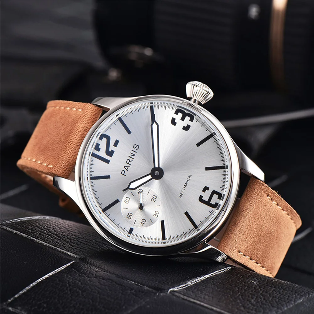 Fashion Parnis 44mm Silver Case Hand Winding Mechanical Men's Watches Leather Strap Hand Wind Watch For Men reloj hombre Clock
Fashion Parnis 44mm Silver Case Hand Winding Mechanical Men's Watches Leather Strap Hand Wind Watch For Men reloj hombre Clock