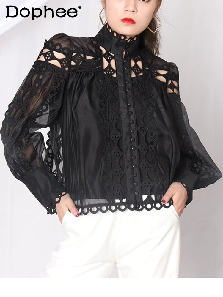 Women Standing Collar Lantern Long Sleeve Mesh Perspective Shirt New Temperament Fashion Spring Summer 2022
Women Standing Collar Lantern Long Sleeve Mesh Perspective Shirt New Temperament Fashion Spring Summer 2022
